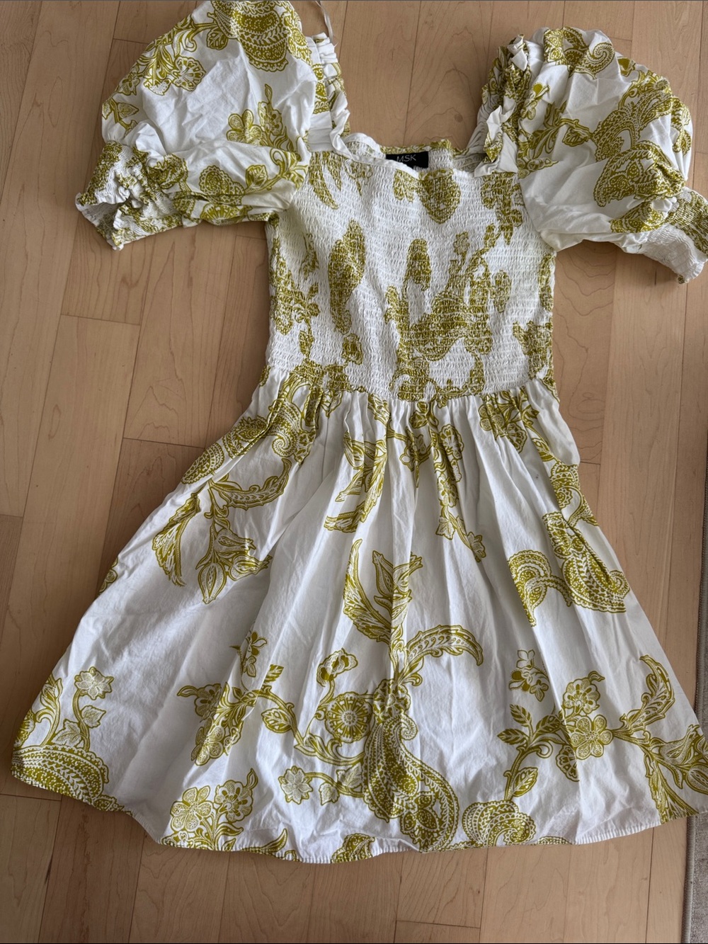 White and Yellow/Green Floral Puff-Sleeve Dress
